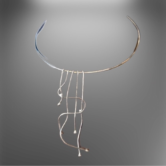 Antique Art Deco Sterling Silver Artisan Signed Collar Cuff Choker Drop Necklace - Picture 15 of 15